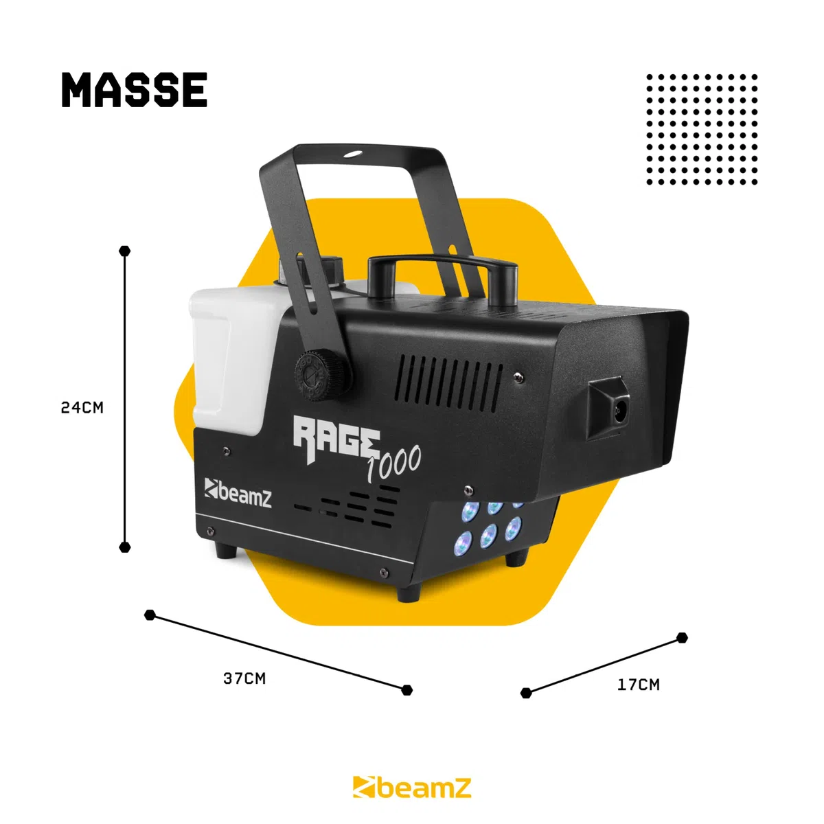 BeamZ RAGE1000LED Nebelmaschine mit Flüssigkeit, 1000 Watt Fogger inkl. 5L Nebelfluid, DMX Rauchmaschine mit Lichteffekt, Intervall Fog Machine, Funkfernbedienung, 2 Liter Tank, Timer, Partyrauch