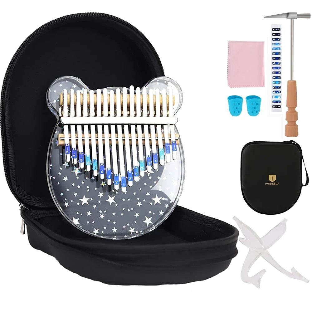 Kalimba 17 Tasten Daumenklavier, transparentes Marimba Acryl-Fingerklavier mit EVA-Tragetasche Stimmhammer Bedienungsanleitung und ständer,Musikalische Kalimba für Kinder Erwachsene Anfänger