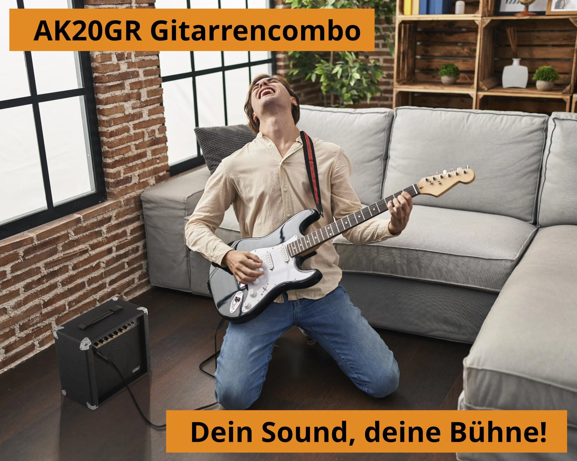 Soundking AK20-GR Gitarrenverstärker 60 Watt - 3-Band Equalizer - 8" Speaker mit 2 Kanälen, clean & Overdrive - Kopfhörerausgang & Lautsprecheranschluss - Idealer Amp mit Extra robusten Schutzecken