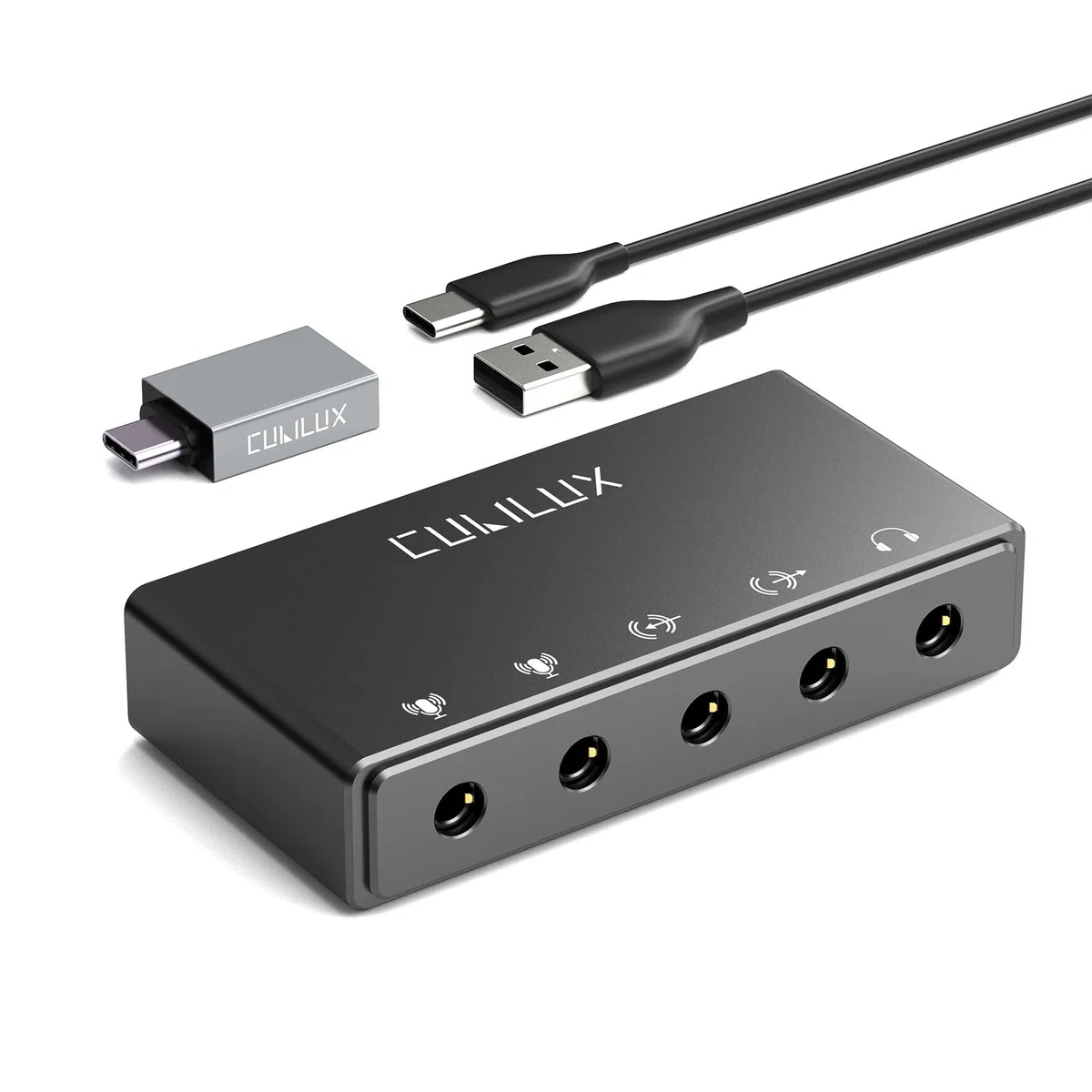 Cubilux CB5 USB Audiointerface, USB zu 3,5 mm Soundkarte mit Stereo Mikrofoneingang, Line In, Line Out, Kopfhörerausgang, für Recording, Streaming, Podcast, Windows, Mac OS