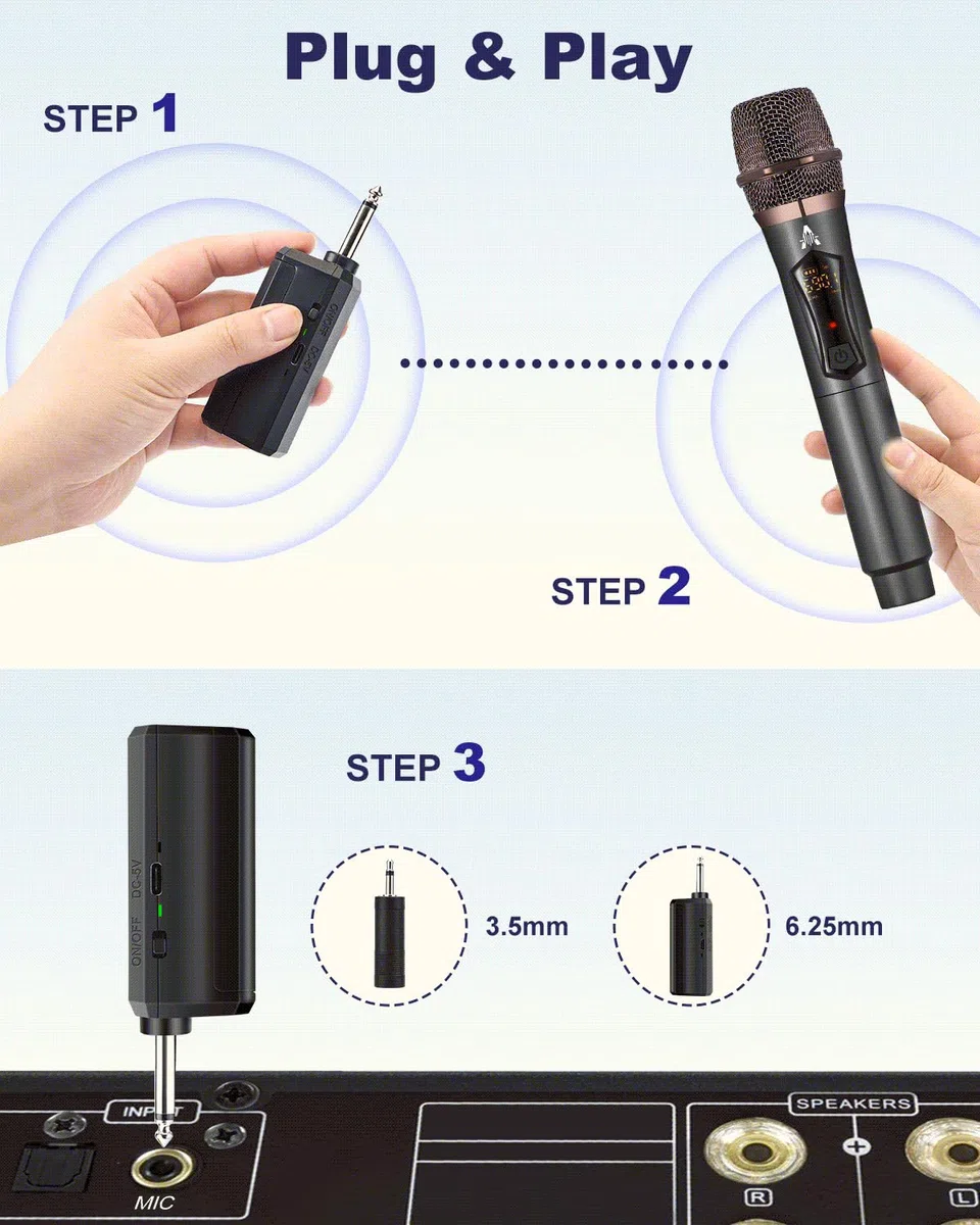 ALPOWL Kabelloses Mikrofon, Professionelles kabelloses Dual-Mikrofon, kabelloses Mikrofonsystem für Karaoke, Wiederaufladbarer Empfänger für Sprachverstärker für Hochzeit. (WXM-B, Black)