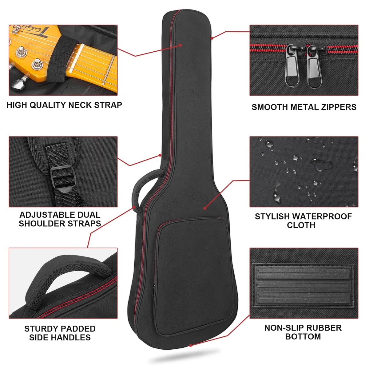 E-Gitarrentasche 39-40 Zoll E-Gitarren-Gigbag, 0,38 Zoll dick gepolstertes Gitarrenetui wasserdicht mit Tasche und verstellbarem Schultergurt Nackenschutz-Kissenpolster, schwarz