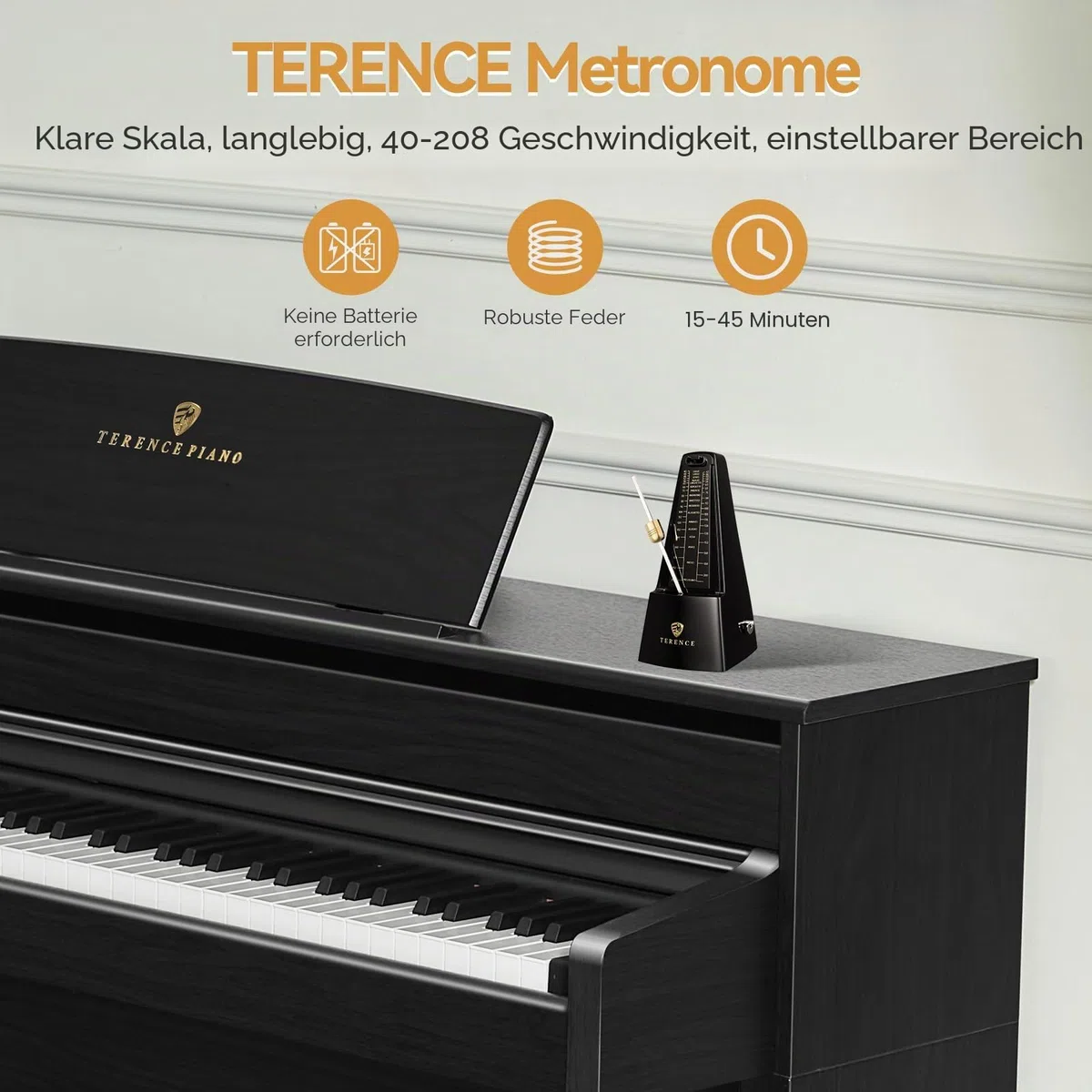 TERENCE Mechanisches Metronom Hochpräzises Metronom Lauter Ton, Geeignet für Klavier Violine Keyboard Bass Gitarre Guzheng Trommel Qinge Geeignet für Erwachsene, Kinder, Anfänger, Profi, Schwarz