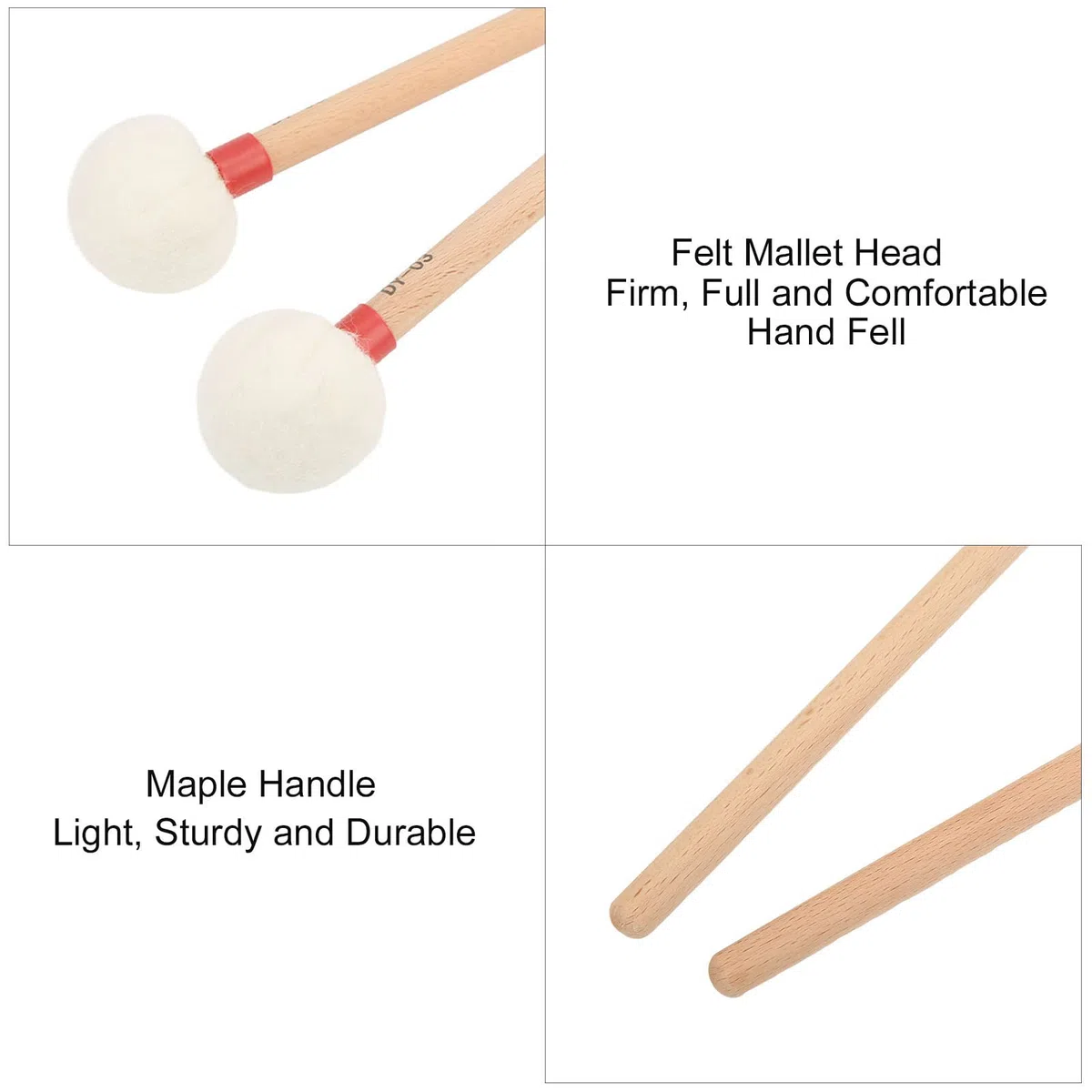 2 Stück Trommelschlägel Filzschlägel Sticks Ahorngriff Holzschlägel Percussion Sticks für Bassdrums Pauken Snaredrums(rot)