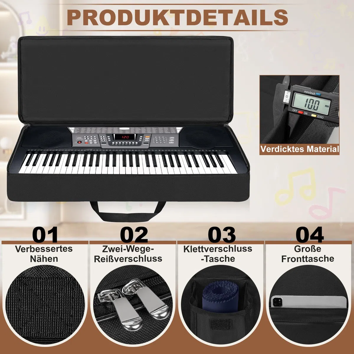 61 Key Keyboard Tasche, Robuste 600D Oxford Keyboardtasche 61 Tasten mit 10 mm Polsterung, Keyboard-Gigbag mit Griffen und Schultergurten für Digitales E-Piano (Schwarz)