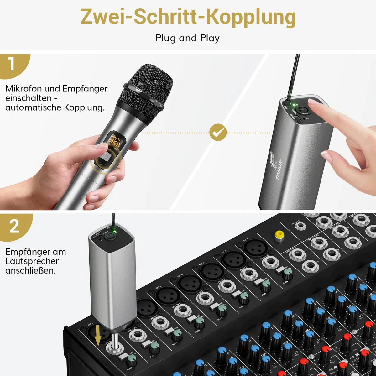 TONOR Wireless Microphone Kabellos, Drahtloses UHF Mikrofon Set für Karaoke 60 m Reichweite, Kabelloses Funk Handmikrofon Dynamisch mit 6,35 Klinke Anschluss für Partybox, DJ, Kirche,TW620, Grau