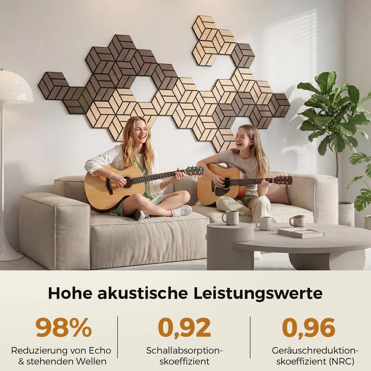 12 Stück Hexagon Akustikplatten Selbstklebend, 30 x 26 x 0,9 cm Hohe Dichte schallabsorber wand, Schallschutzplatten für Studio, Büro, Akustische Behandlung und Gaming deko, Walnuss