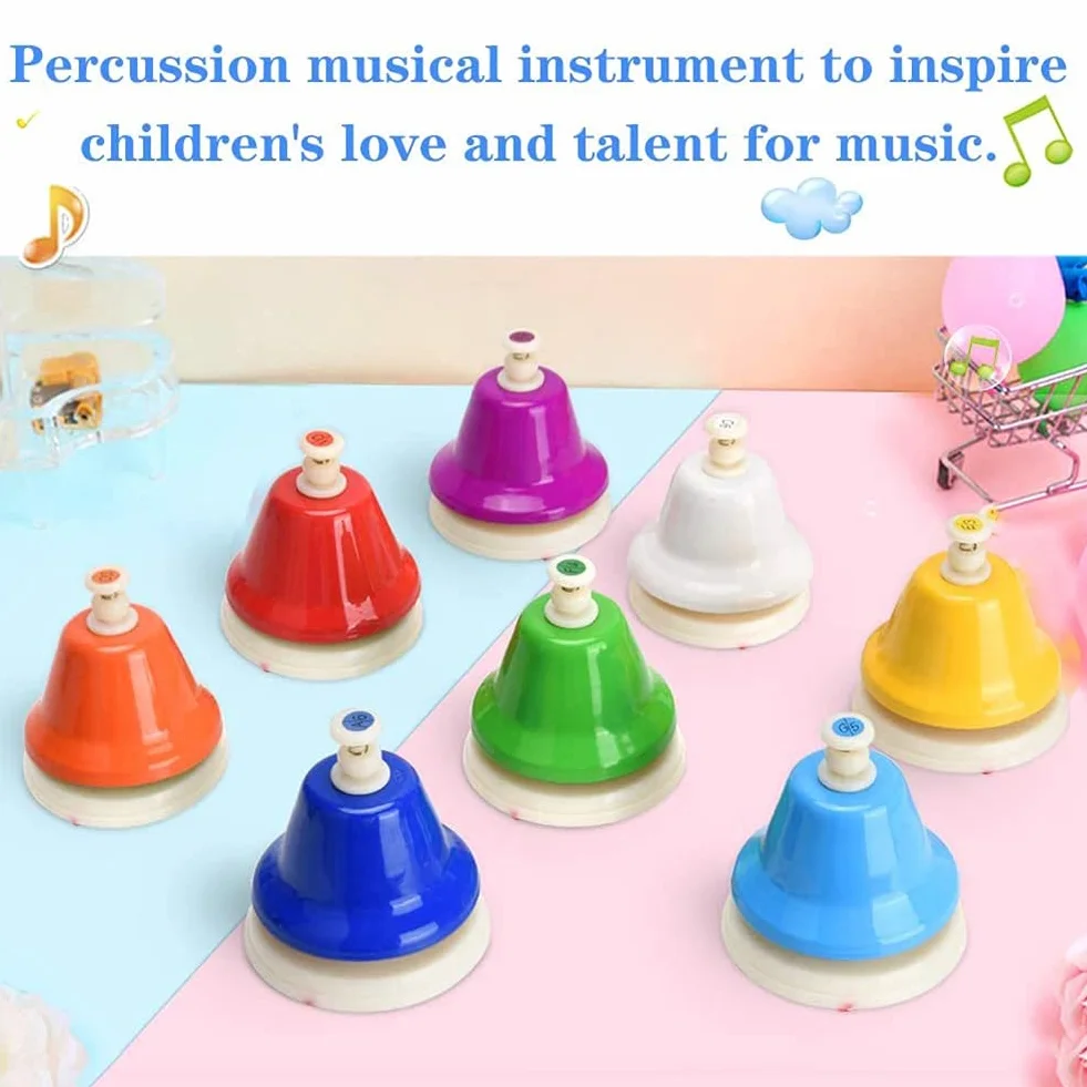 Tischglocken-Set mit 8 Glocken, Percussion Diatonische Metall Handglocken, Regenbogen Musik Glocken, Musikalisches Lernen, Melody Bell Instrument für Musik und Haustiertraining