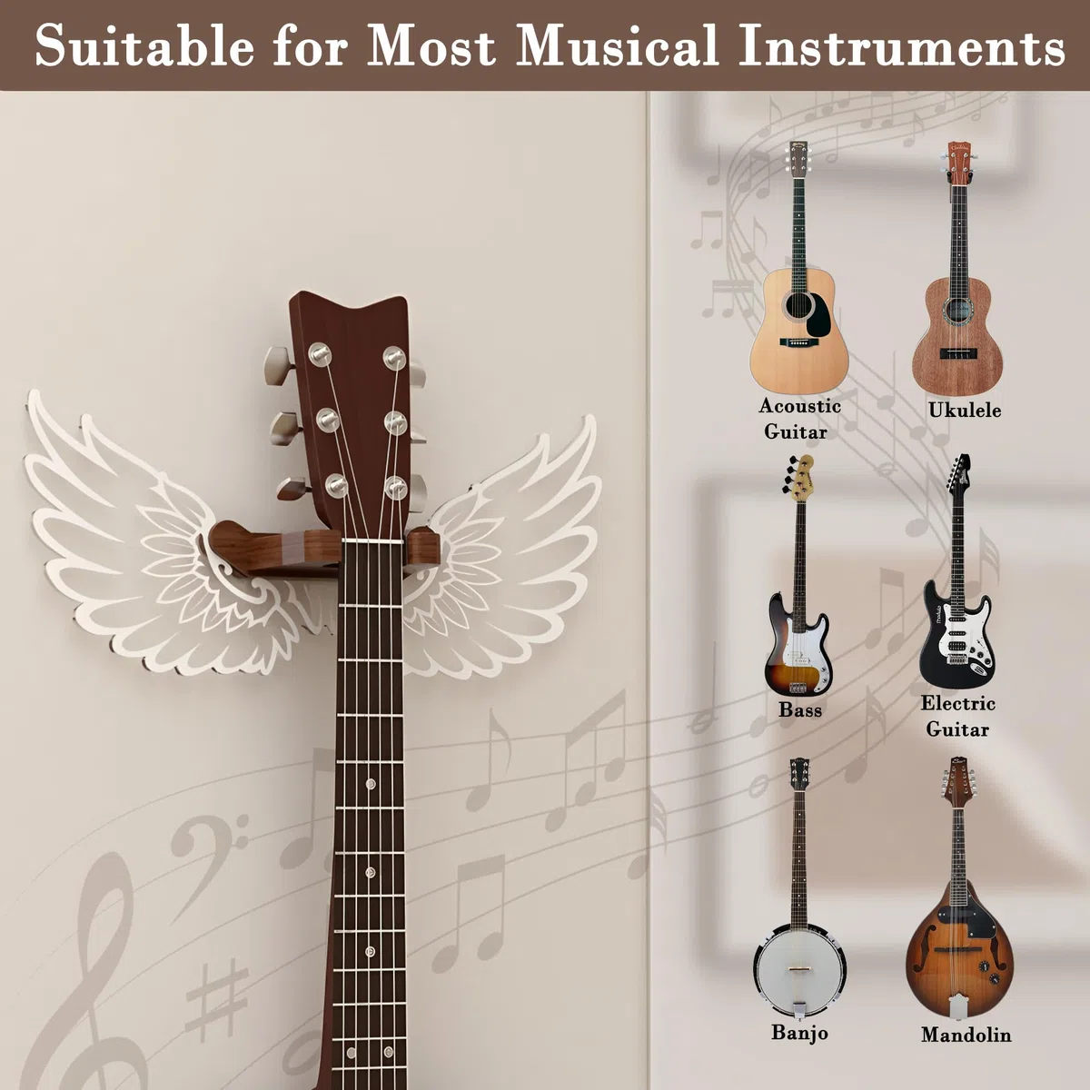 CoolGift Mart Gitarrenständer Wandhalterung mit leuchtenden Engelsflügeln, Acryl hölzerne Gitarre Aufhänger Regal mit USB betrieben, für akustische elektrische Bass Ukulele