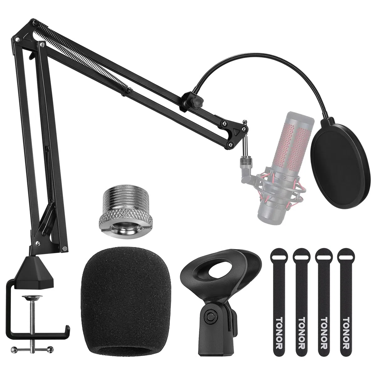 TONOR Mikrofon Ständer, einstellbarer Mikrofonarm mit Popschutz, 3/8" bis 5/8" Adapter, Mikrofonclip, verbesserte Hochleistungsklemme mit hoher Kompatibilität, 35 cm +35 cm T20