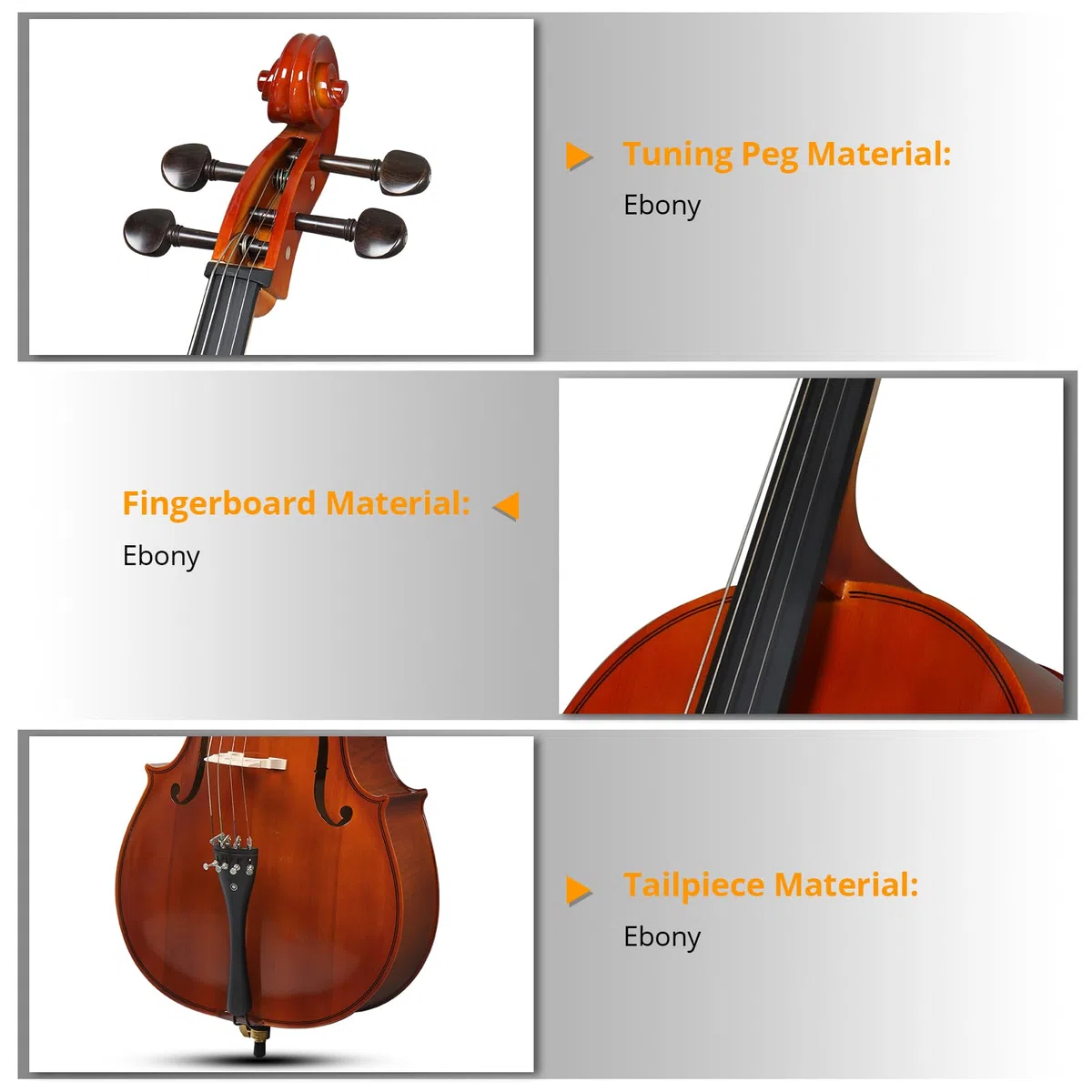 Bonnlo 4/4 Cello Vollgröße aus Fichtenholz mit Tiger-Muster, Fichtendecke, Ahornboden & -zargen, inklusive Tasche, Bogen, Kolophonium, Steg und Saiten – für Anfänger und Musikliebhaber, Naturfarbe