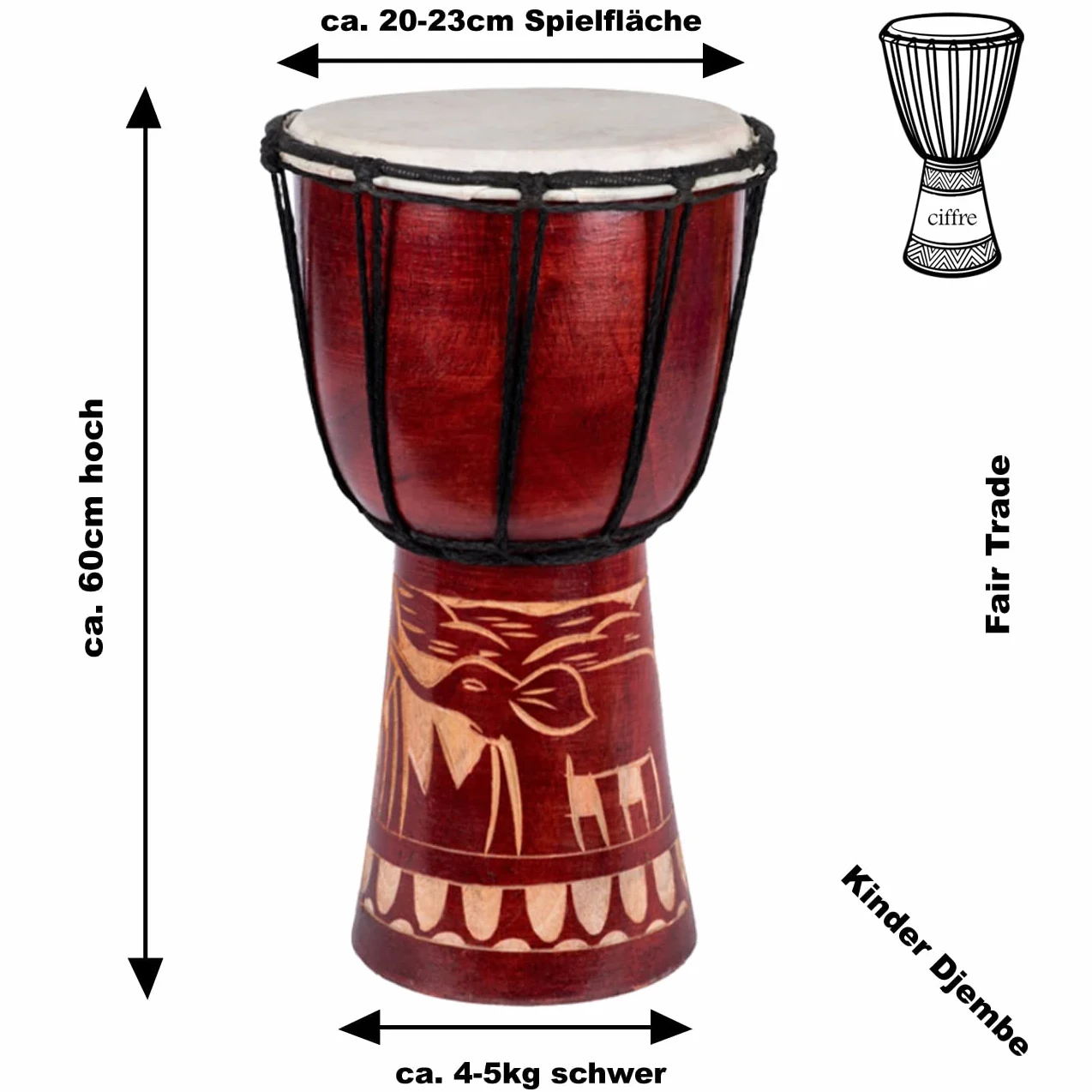 Djembe Trommel 60 cm – Handgefertigte Holztrommel aus Mahagoniholz mit Naturfell, traditioneller afrikanischer Klang, Motiv Elefant