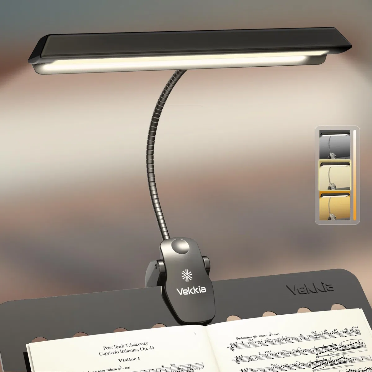 Vekkia Professioneller Notenständer Licht, Notenpultleuchte mit 19 LEDs, Lampe für Notenständer zum Aufklemmen auf Orchester-Klavieren, 9 Stufen Dimmbar, Wiederaufladbar，Perfekt für Klavier, Orchester