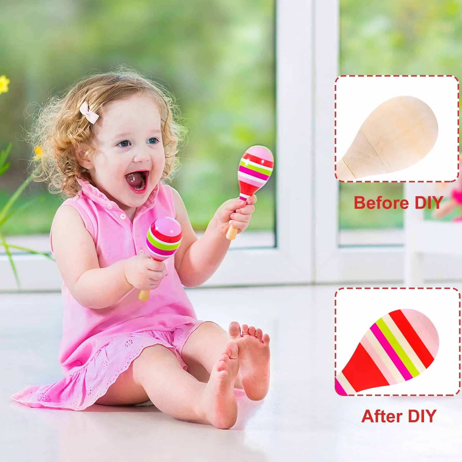 Morcheiong 24 Stück DIY Mini-Holz-Maracas für Kinder mit 24 mehrfarbigen Stiften, Fiesta mexikanische Maracas Mitgebsel, Cinco De Mayo Party-Zubehör Dekorationen
