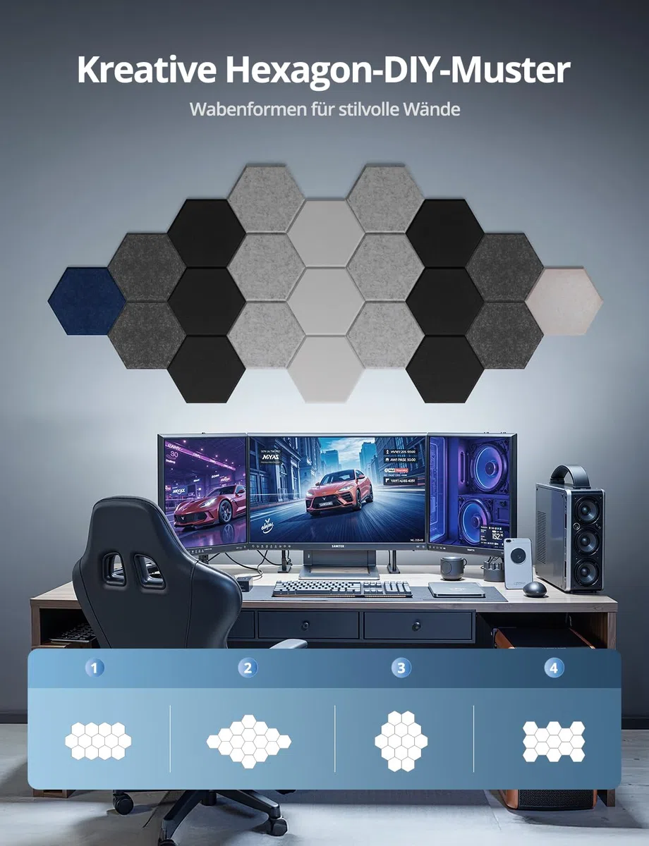 Kuchoow Hexagon Akustikplatten selbstklebend Schallabsorber Wand, 12 Stück Akustikpaneele Filz Akustik Absorber für Studio, Gaming, Büro, Decke, Tür, Kinderzimmer, Wohnzimmer, 30x26x0,9 cm, Schwarz