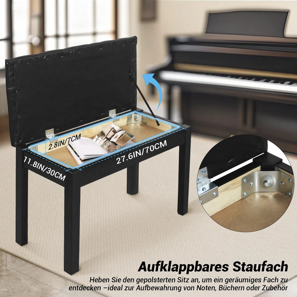 SUNDOY 75 cm Klavierbank aus Massivholz – Schwarzer Klavierhocker mit Weichem Sitzkissen – Modernes, minimalistisches Design, Korrosionsbeständig & Stabil – Für E-Piano & Keyboard, Schwarzer