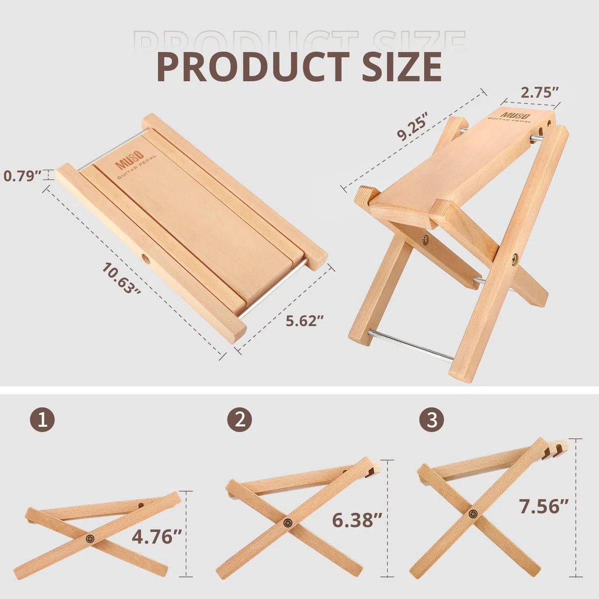 MUSO Gitarren-Fußstützen-Hocker, gefaltetes Holzpedal, 3 Stufen verstellbar, geeignet für klassische Akustikgitarre, ergonomisch und langlebig (Naturholz)