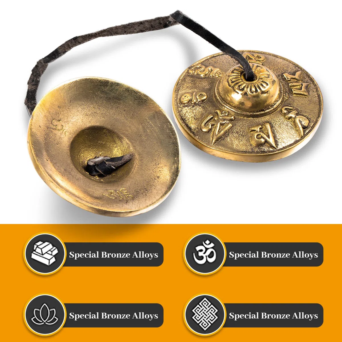 Boao Tibetische Tingsha-Becken Meditationsglocken mit tibetischem Kordelzug-Tuchbeutel, 6,3 cm Meditations-Glocken, für Percussion-Instrument (Om Mane, Padme Hum Symbole, geprägt)