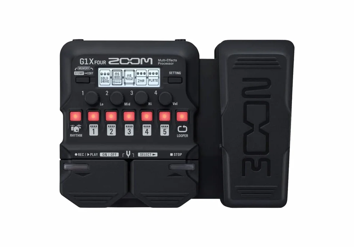 ZOOM G1X FOUR Multi-Effekt Expressionspedal für Gitarre mit Looper, Drum-Computer und Amp-Simulation – Ideal für Bühne & Studio, schwarz