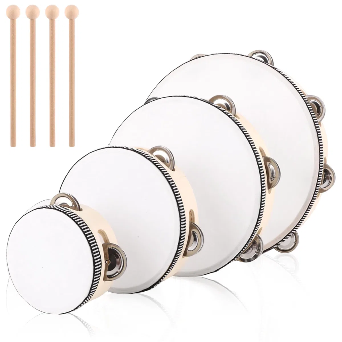 MIVIDE 4-Teilig Handtrommel mit Schlägel, Holz Tambourin, Handtrommel Set für Party, Leistungen(4zoll, 6zoll, 8zoll und 10zoll)