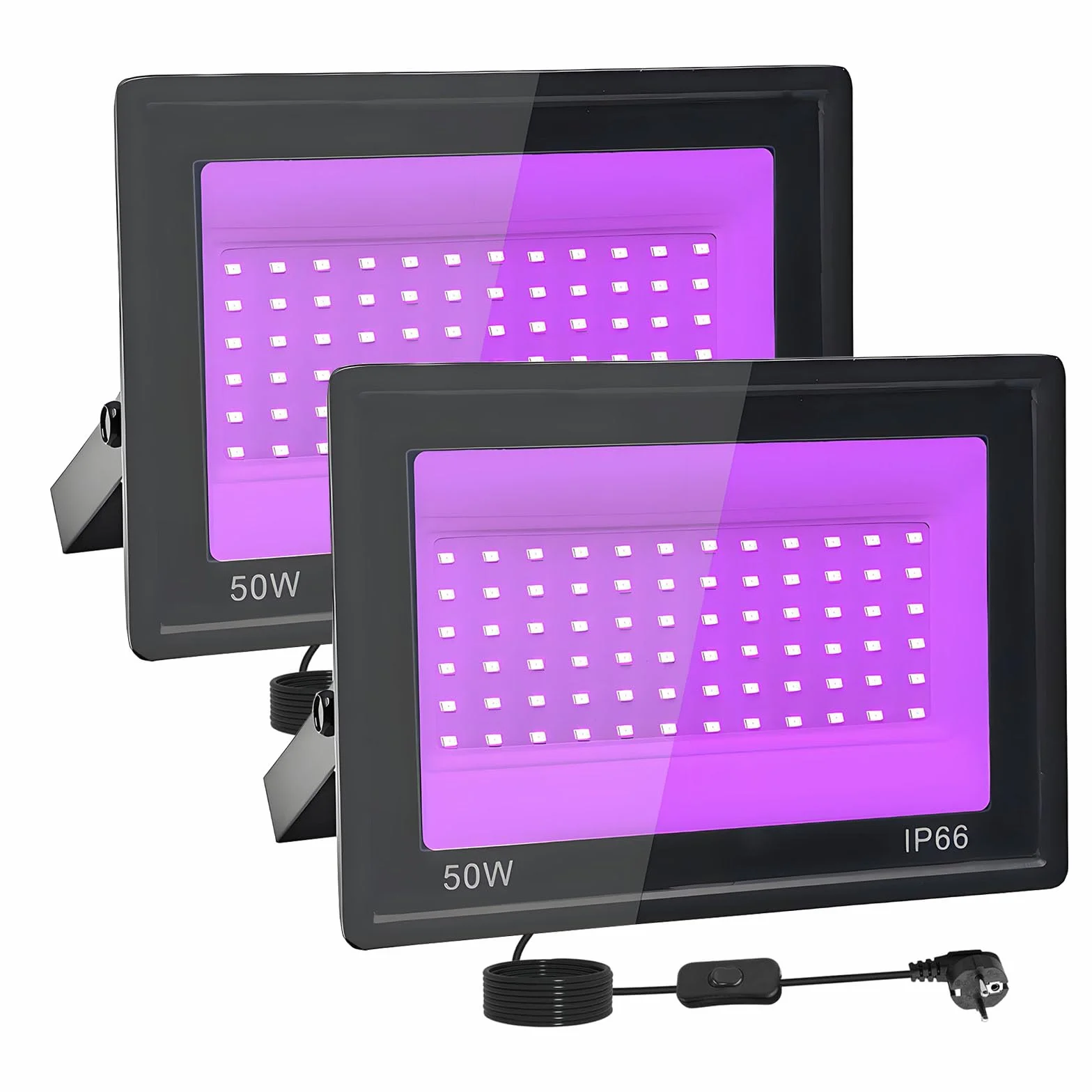 2 Stück 50W LED Schwarzlicht Strahler, IP66 UV Schwarzlicht Fluter, 395-400nm LED UV Strahler, UV Licht mit Schalter für Halloween Dekorationen, Party Deko, Weihnachten, Neon Glühparty, Körperbemalung