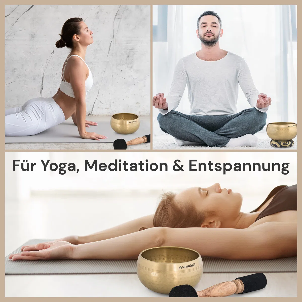 Tibetisches Klangschale-Set für Yoga, Meditation und Entspannung - gehämmerte Tibetische Klangschale Ø 10 cm, Doppel-Schlägel mit Filz und Leder, Ring-Kissen, Beutel und Anleitung