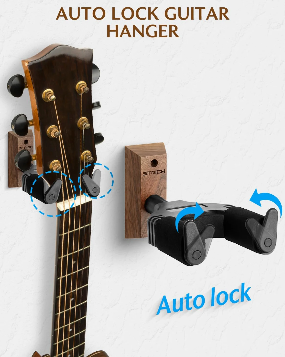 STRICH Gitarrenwandhalterung, Walnussholz, U-förmig mit Schrauben, automatisch verriegelnder Gitarrenhalter für Akustikgitarren, E-Gitarren, Banjos, Bass (3er-Pack)