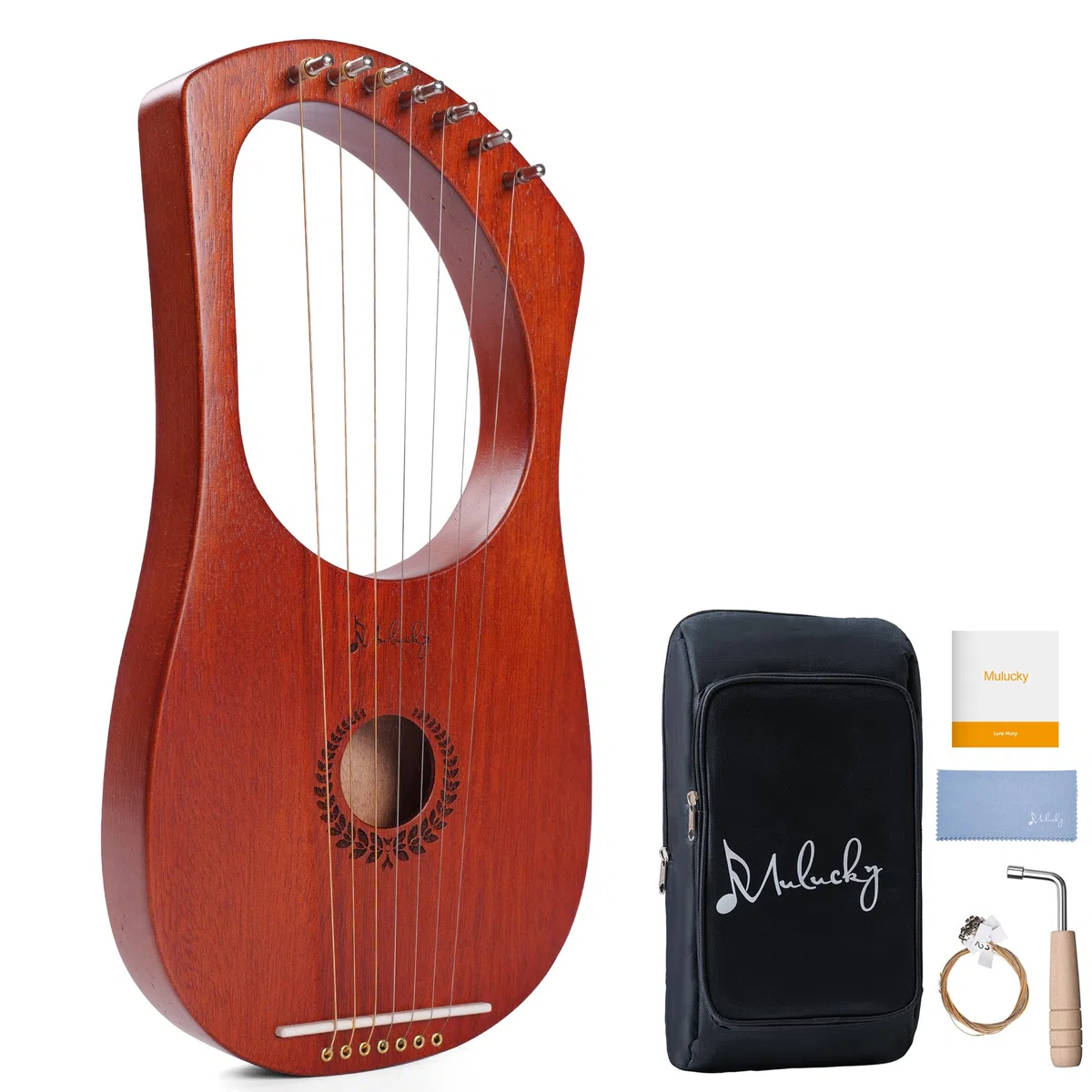 Mulucky Lyre Harp 7 Metall-Stahlsaiten Knochen Sattel Mahagoni Lyre Instrument mit Stimmschlüssel und schwarzer Gigbag - MLH701