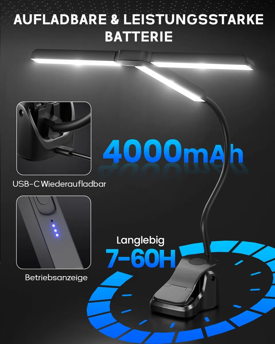 Ultrabreit 36CM Notenpultleuchte Mit Clip, 57 LEDs Superhell, 4 Farben x 3 Helligkeit, Faltbare T-Förmige Klavierlampe für Noten und Buch lesen, USB-C Wiederaufladbar