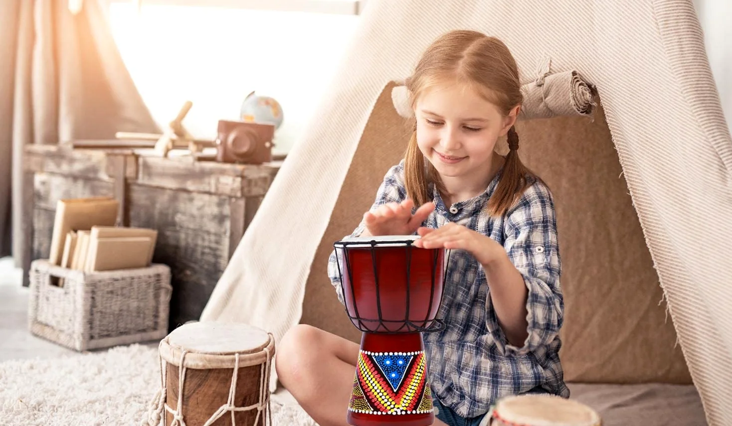 30cm Hohe Kinder Djembe bunt bemalt Trommel Drum Handarbeit