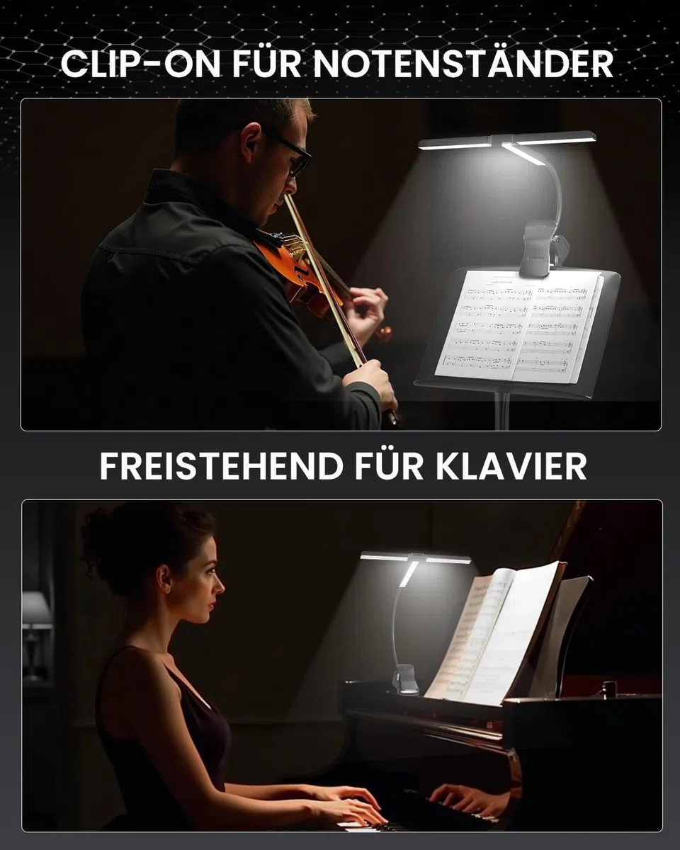 Ultrabreit 36CM Notenpultleuchte Mit Clip, 57 LEDs Superhell, 4 Farben x 3 Helligkeit, Faltbare T-Förmige Klavierlampe für Noten und Buch lesen, USB-C Wiederaufladbar