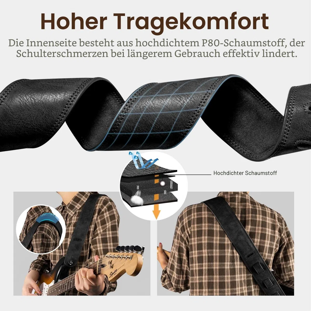 LEKATO Gitarrengurt aus Leder mit dicker Schaumstoffpolsterung, breiter Bassgitarrengurt für Bass, E-Gitarre, Akustikgitarre, klassische Gitarre, verstellbarer Ledergurt, Länge von 41" bis 51"