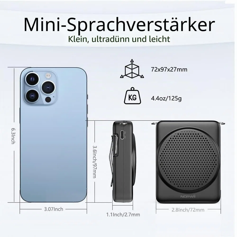 Norwii Mini-Sprachverstärker, PA-Endstufen, 3 Stunden Schnellladung und bis zu 22 Stunden Wiedergabe, persönlicher Sprachverstärker, tragbares Lautsprechermikrofon für Lehrer, Training, Tourguide