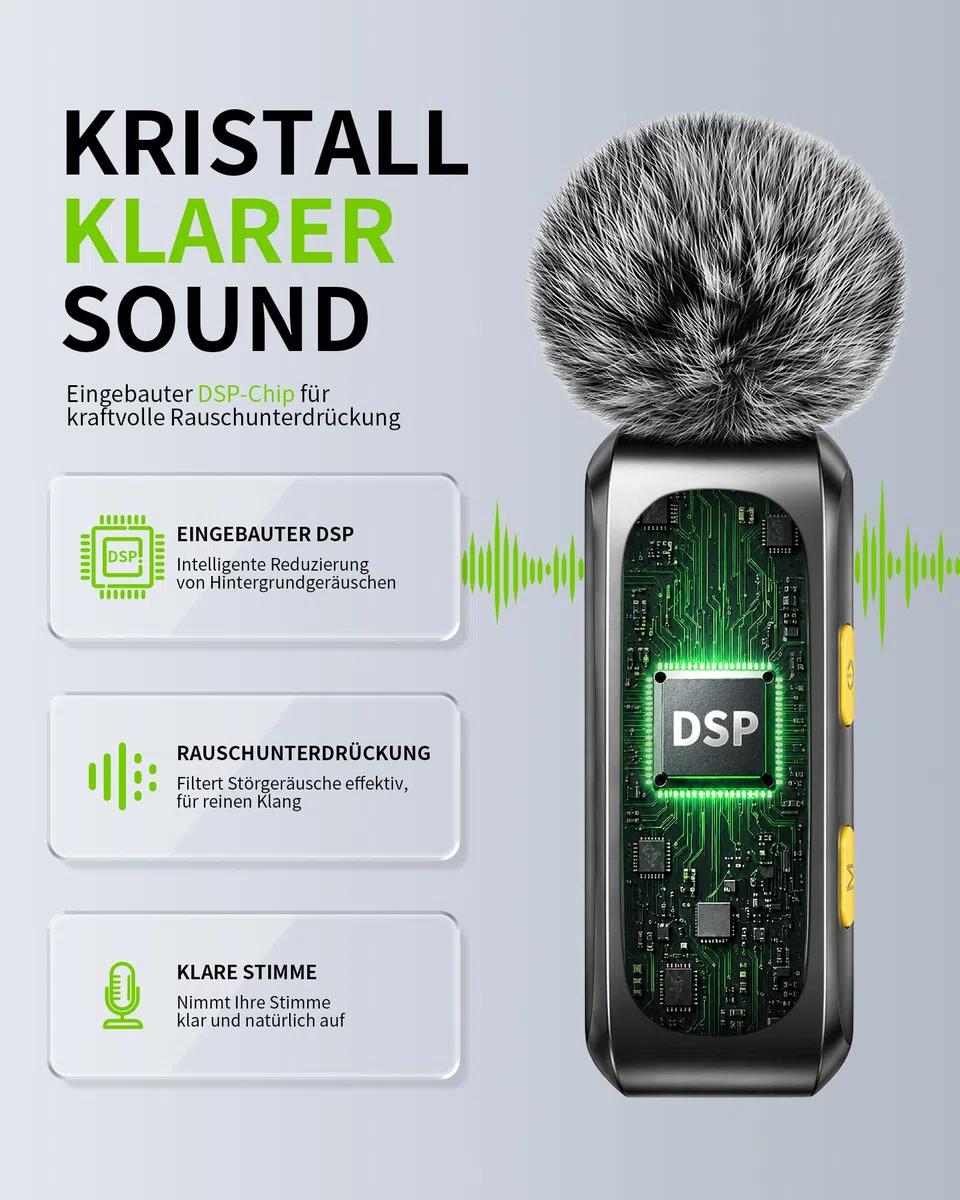 Handy-Mikrofon Mini für iPhone Android und PC - Plug & Play Mini Mikrofon mit Windschutz, Lavalier Mikrofon Wireless mit Batterieanzeige und Geräuschunterdrückung, ideal für YouTube, TikTok, Interview