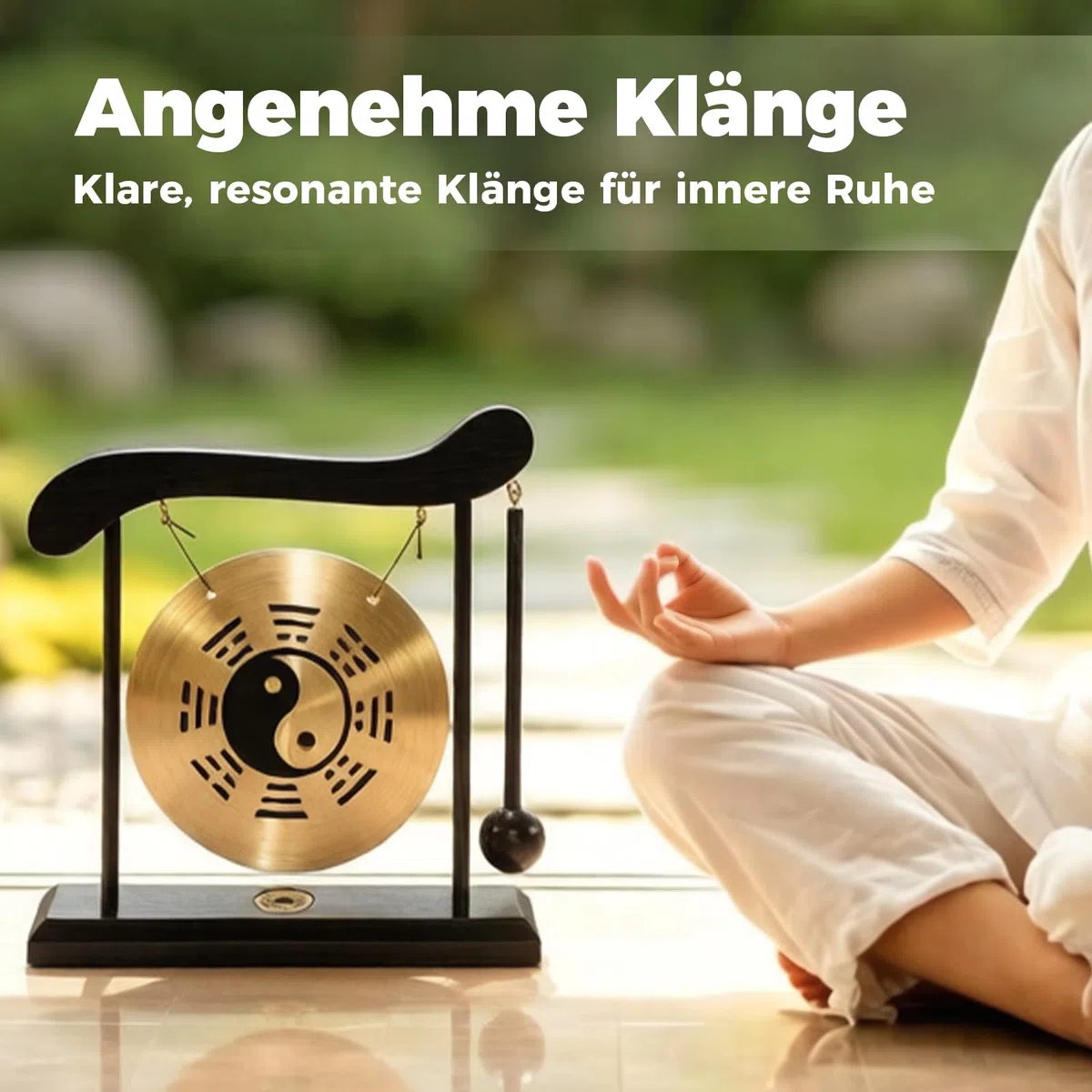 Mini Kupfer Gong mit Schlägel, Yin Yang Fengshui Deko Tischgong mit Holzsockel, Japanische Deko mit Taiji-Symbol und Klatschtafel für Zen Tischdekoration, Einzugsgeschenk (Bagua-Diagramm)