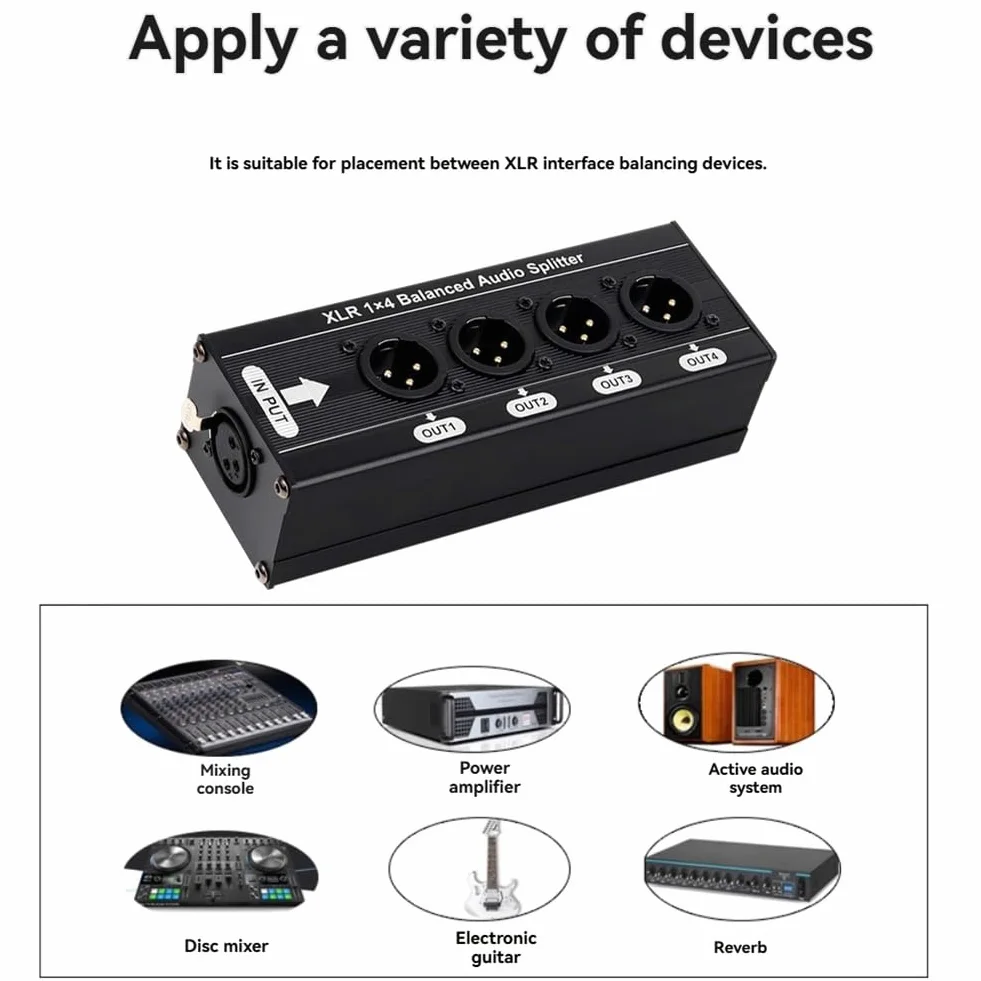 Audio Signal Splitter Box XLR 1x4 Ausgeglichen 3 Pin 1 in 4 Aus -Out Out No Netzteil Erforderlich