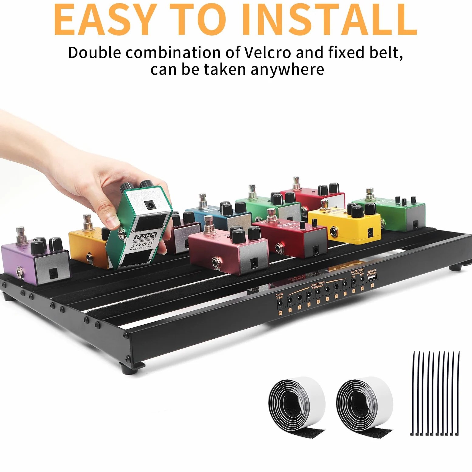 Kmise 49 x 31,5x 3,5cm Guitar Pedal Board Mittlere Größe, mit eingebautem Netzteil Gitarren-Effektpedal Aluminiumlegierung Netzteil mit Tasche, Pedalkabel,Ladegerät, Klettverschluss,Kabelbinder