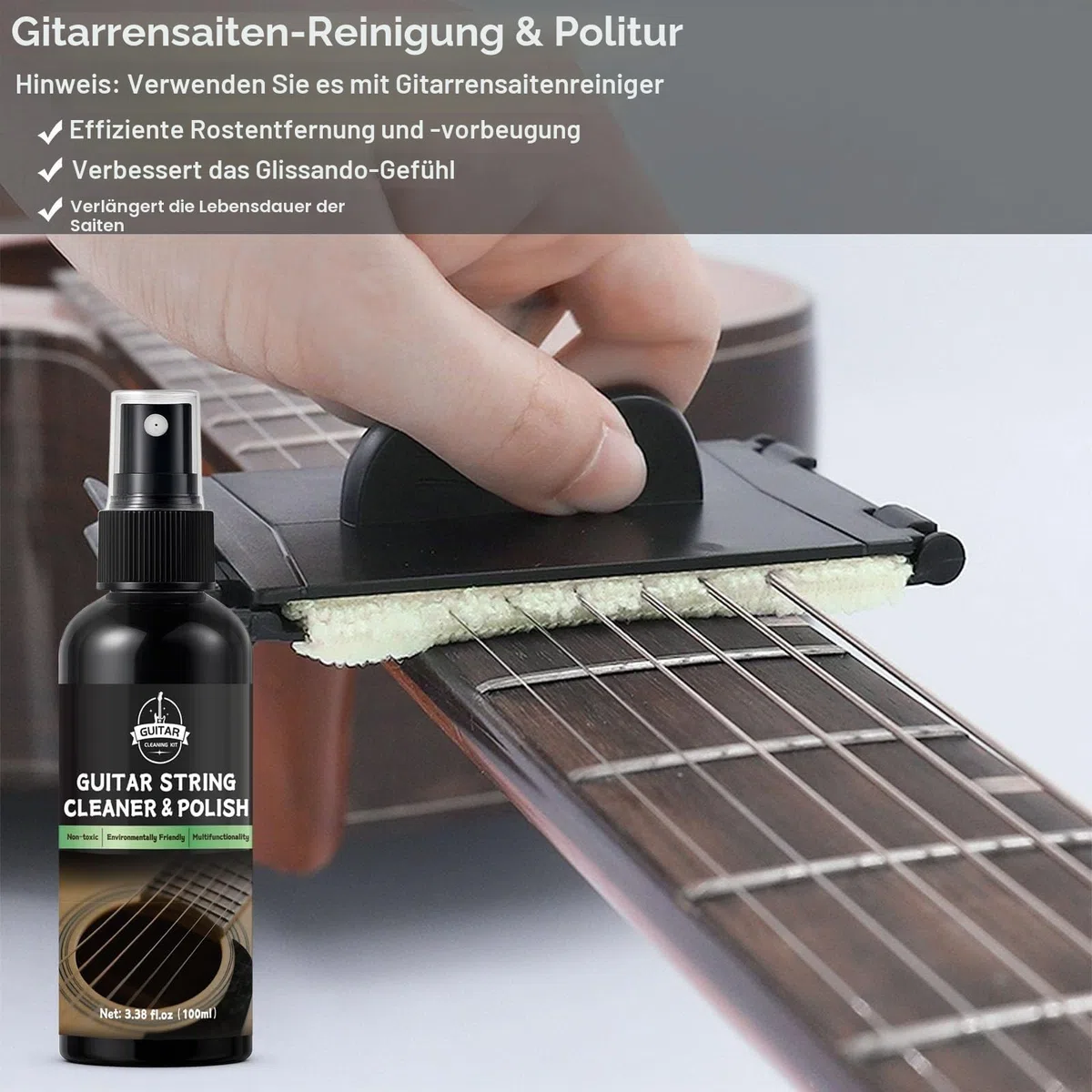 9-teiliges Gitarren-Reinigungsset, Gitarren-Wartungsset enthält Bundpolitur, Reinigungslösung, Griffbrett-Zitronenöl, Saitenreinigung und Politur, Saitenreiniger, Saitenkurbel, 2 Gitarrentuch