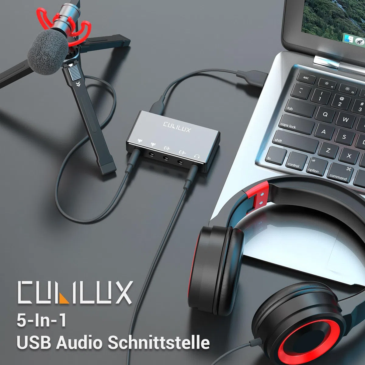 Cubilux CB5 USB Audiointerface, USB zu 3,5 mm Soundkarte mit Stereo Mikrofoneingang, Line In, Line Out, Kopfhörerausgang, für Recording, Streaming, Podcast, Windows, Mac OS