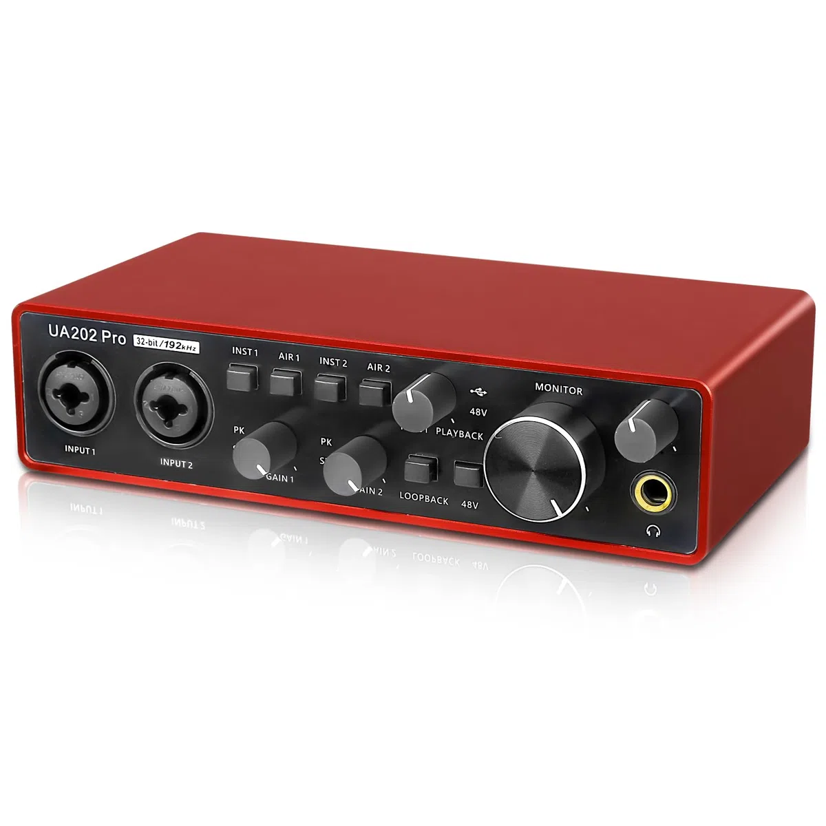USB-Audio-Interface für Computeraufnahmen (rot), 2-Kanal-Gitarren-Audio-Interface, 32Bit/192kHz Podcasting Streaming mit 48V Phantomspeisung