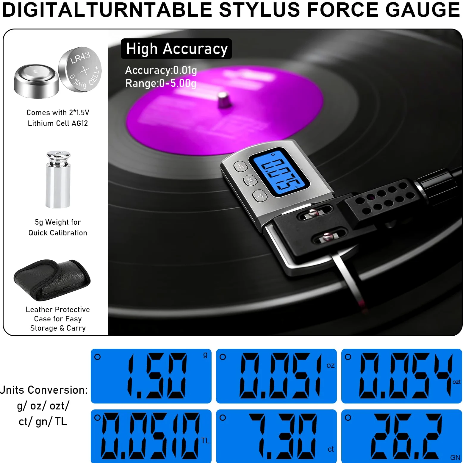 6 Stück Justier und Einstellungsset zur Plattenspieler, USB Plattenspieler Nadel Set, mit Digital Tonarmwaage, Azimut, Libelle und Überhangschablone, Ersatznadel, für Tonarm des Plattenspielers