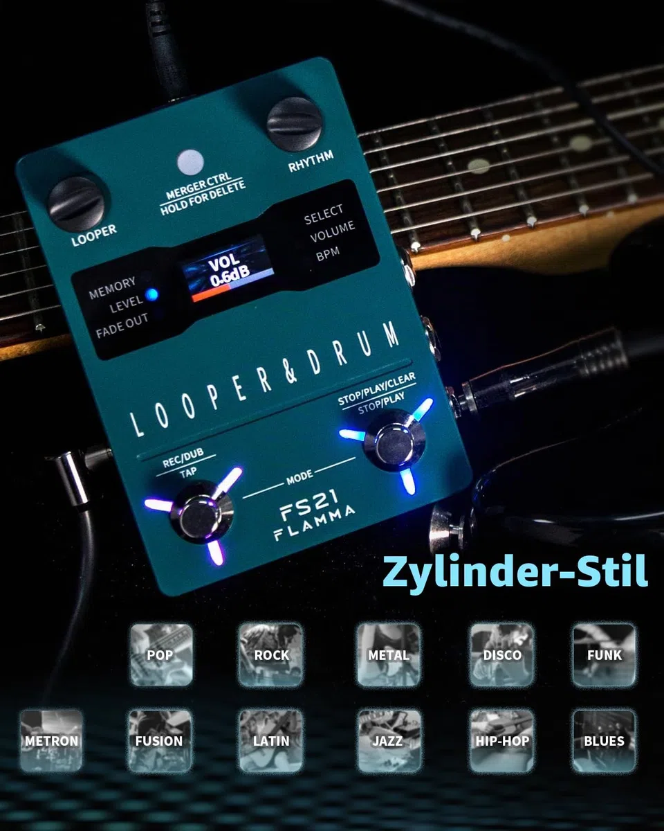 FLAMMA FS21 Stereo Gitarren-Looper-Pedal & Drum-Machine 2-in-1 mit 160 Minuten Loop-Aufnahmekapazität 100 Schlagzeug-Grooves 10 Metronom-Unterstützung Software-Bearbeitung