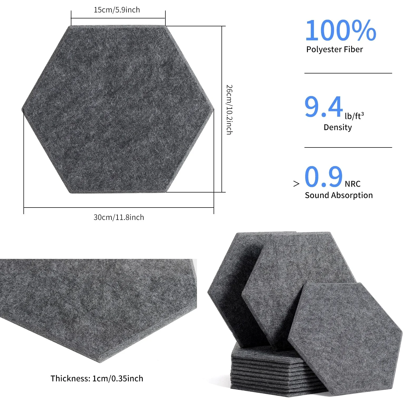 12 Stück Akustik Panel,30x26x1cm Hexagon Akustik Absorber Schallschutzplatten Akustikpaneele Wand für Tonstudio, Büro,Studio und Wanddekoration（Dunkelgrau）