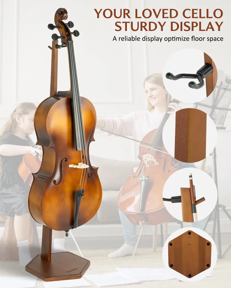 STRICH Holz-Cello-Ständer mit Bogenhalter, strapazierfähiger Standfuß, Cello-Holzständer für 1/2, 1/4, 3/4, 4/4,1/8, 7/8 Standardgröße, für Zuhause und Studio