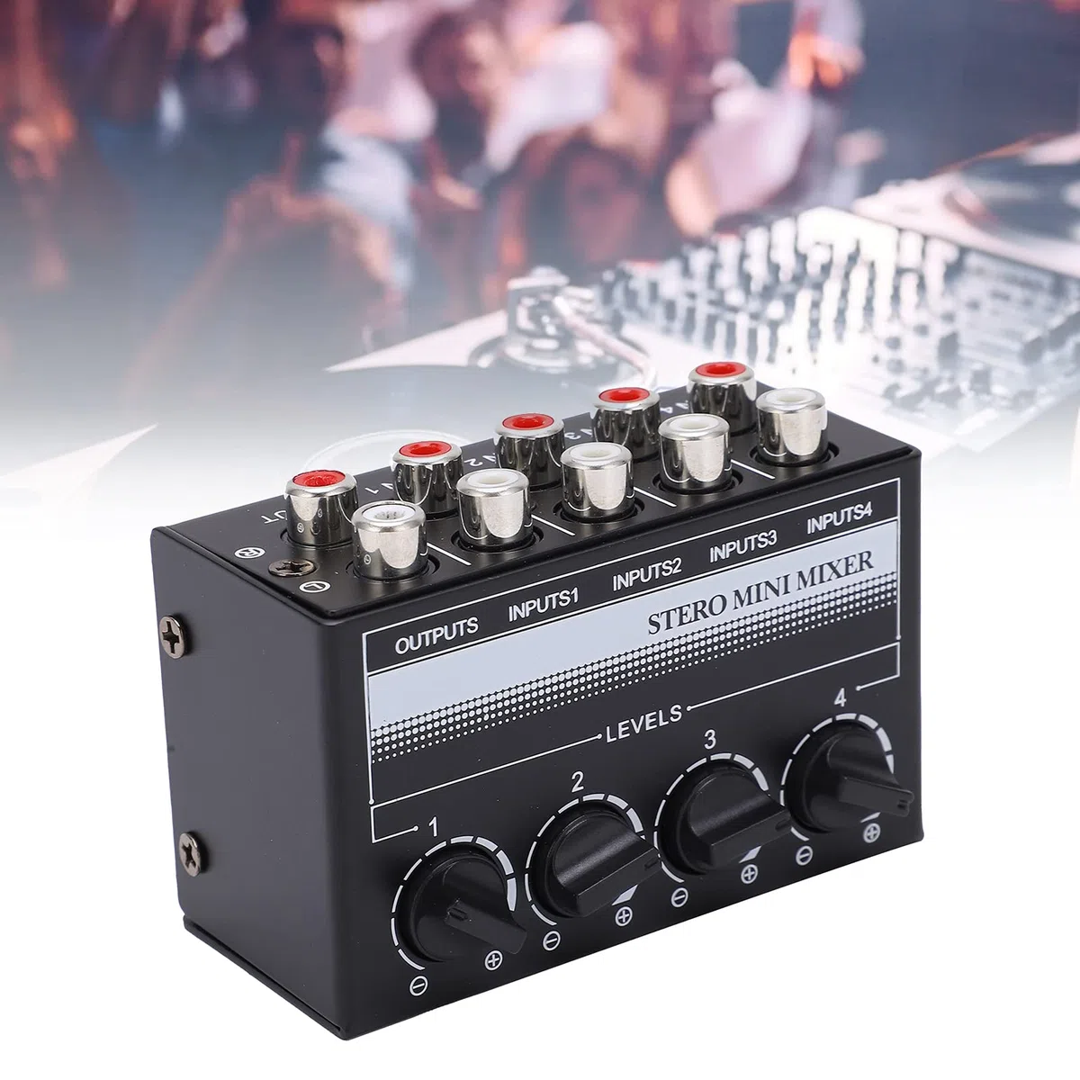Stereo-Mini-Mixer Stereo-Mixing-Ausgang Ganzmetallgehäuse 4 Stereo-Cinch-Eingänge Audiosignal-Effektgeräte