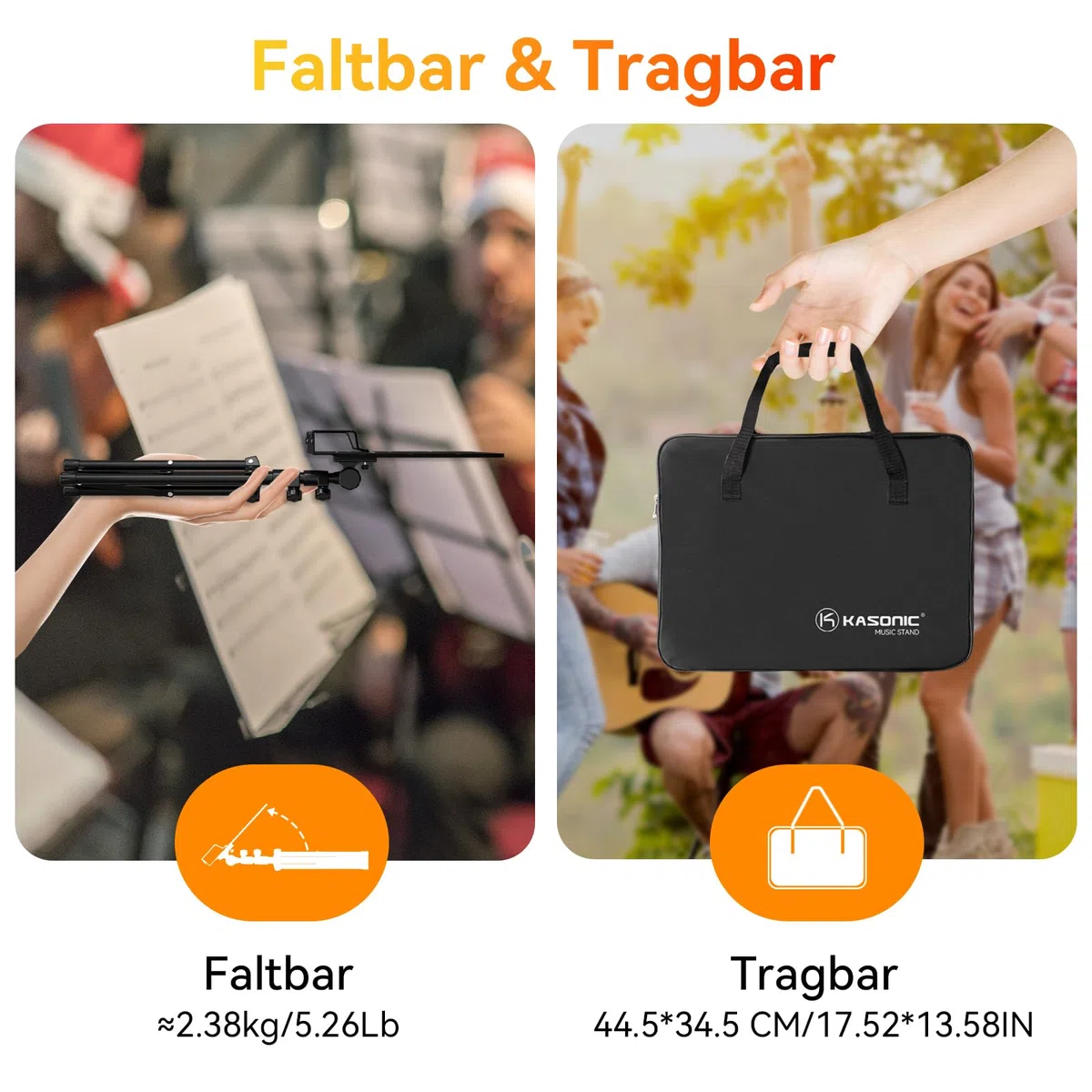 K Kasonic Faltbarer Notenständer, 2-in-1 Zusammenklappbarer Notenständer mit Notenblattmappe, Tragbarer Notenständer-Set für Aufführungen, Notenständer-Tripod für Musikalische Bedürfnisse, Schwarz