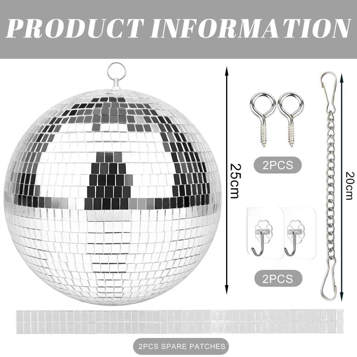 Spiegel-Discokugel 25cm,Discokugeln Zum Aufhängen,Spiegelkugel 25cm mit Selbstklebende Mini Spiegel und Haken Selbstklebend,Spiegelkugeln Disco Kugel,Ideal für Partys Oder DJ-Lichteffekt