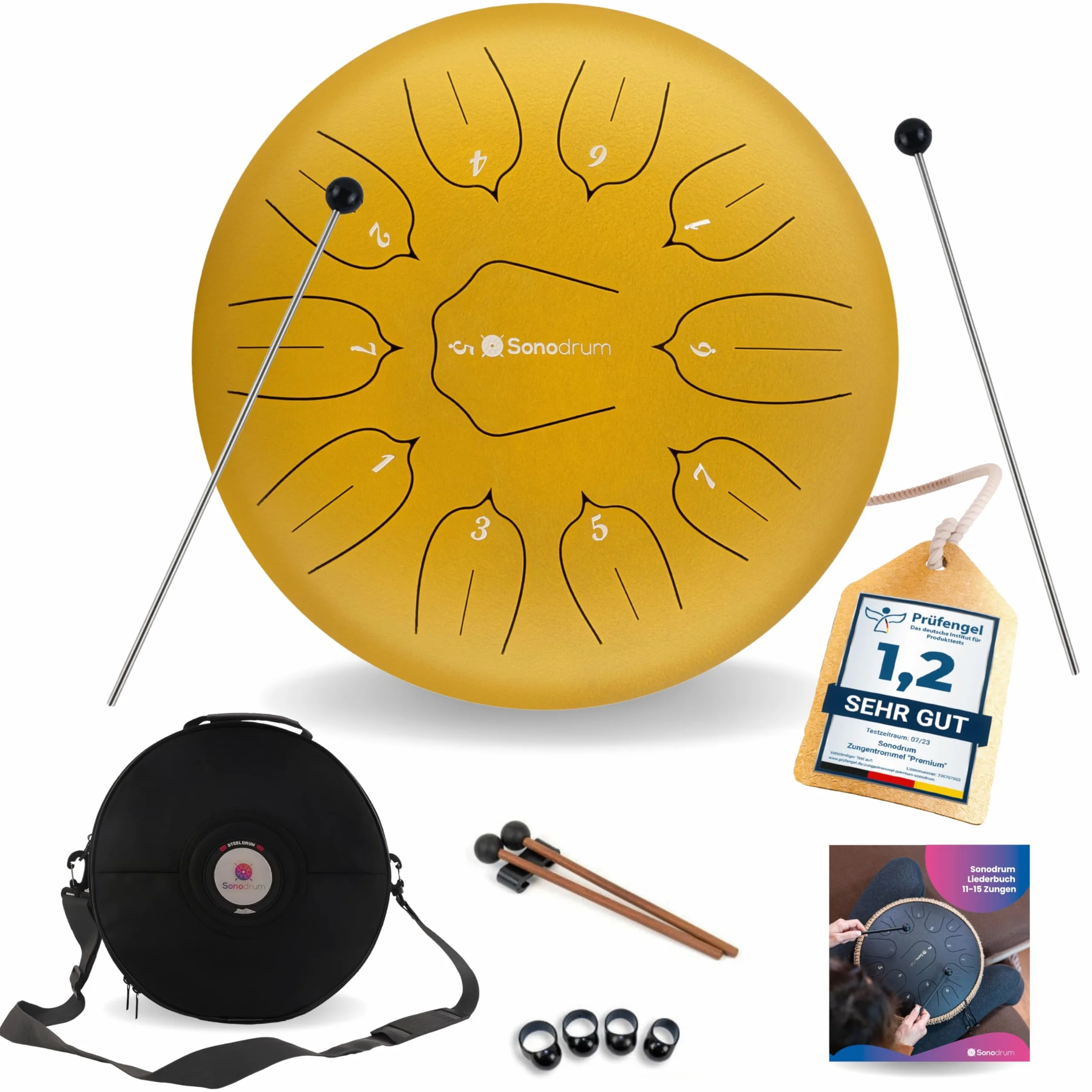 Zungentrommel "Standard" D - Dur in Gold - 30 cm groß mit 11 Tönen - Steel Tongue Drum inkl. Liederbuch, Schlägel, Fingersticks und Tragetasche - Notenlesen nicht nötig, einfach zu spielen.