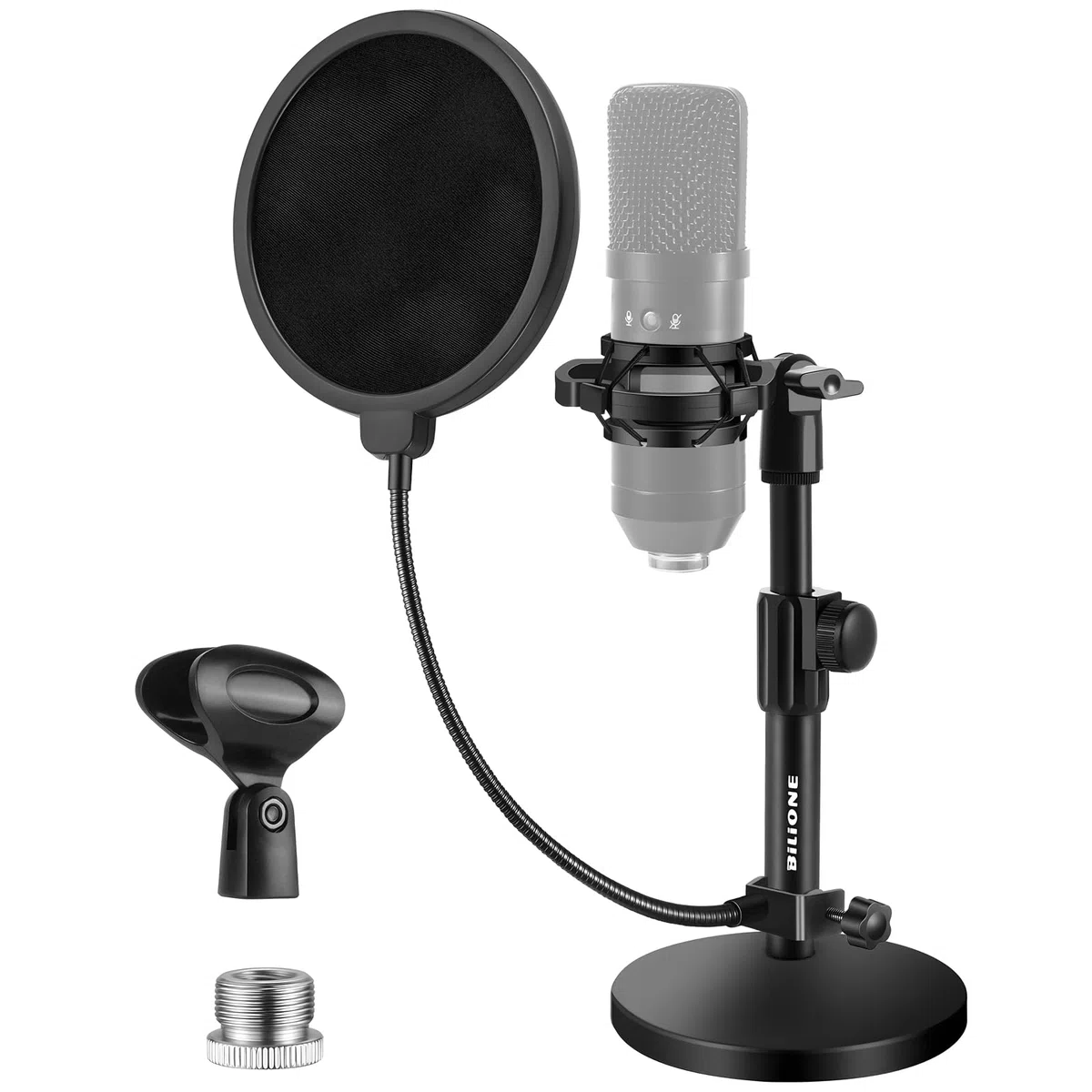 BILIONE Schreibtisch-Mikrofonständer Verbesserter, Verstellbarer Mikrofonständer mit Pop-Filter, Schockhalterung, Mikrofonclip, 1,6 cm auf 0,95 cm Metallschraubenadapter