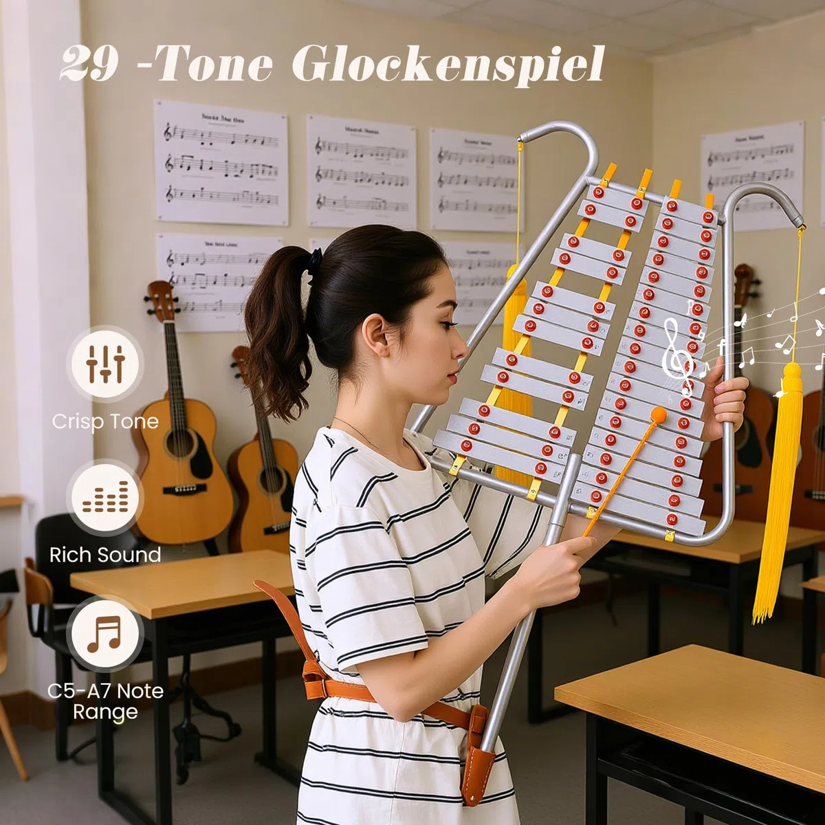FANTASK 29 Noten Glockenspiel, Gürtelclip und Gürtel, Percussion Instrument, Aluminium Marsch-Xylophon mit verstellbarem Griff, 2 Schlägeln, Metallophon für Kinder und Erwachsene